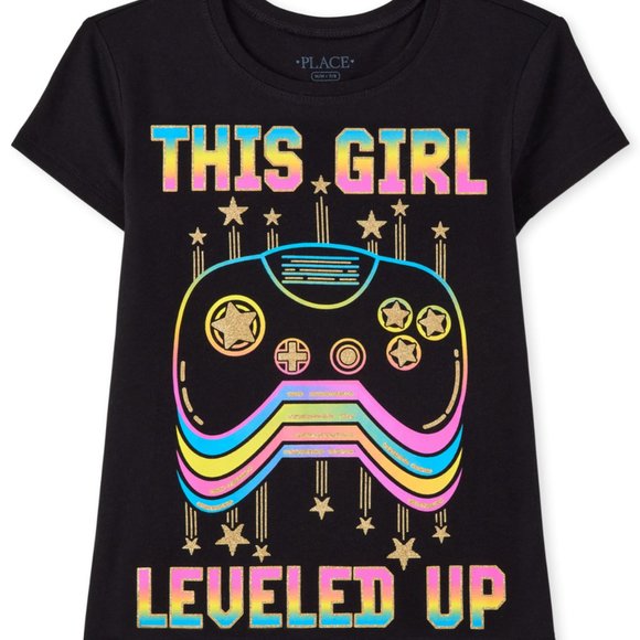The Childrens Place Girl Level Up Gaming Graphic Tee-Black-Short Sleeve L(10/12) - Picture 1 of 4